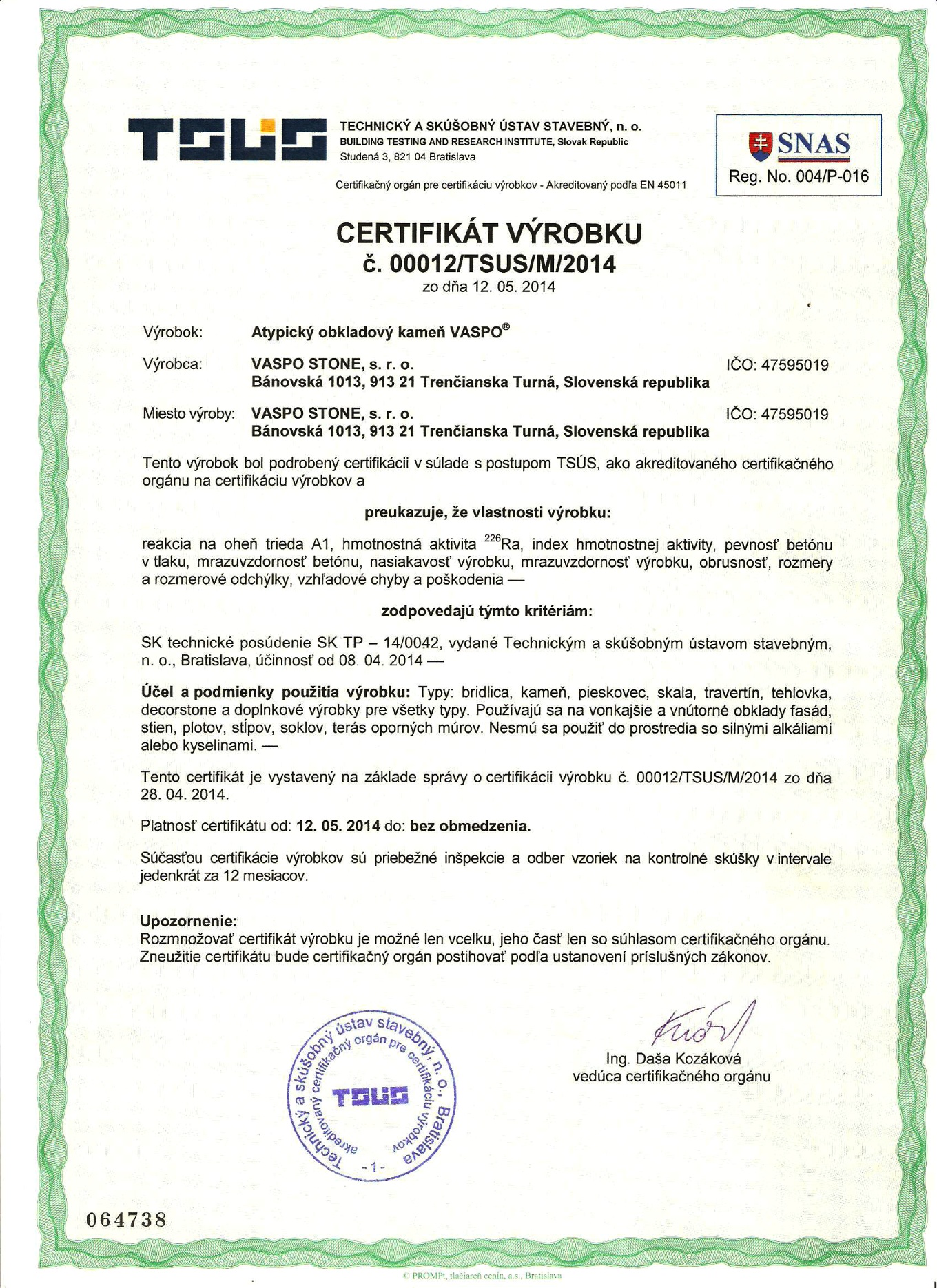 Certifikat vyrobku 2014